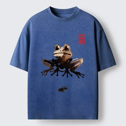 Tokyo-Tiger Ink Wash Frog And Its Tiny Prey Washed T-Shirt