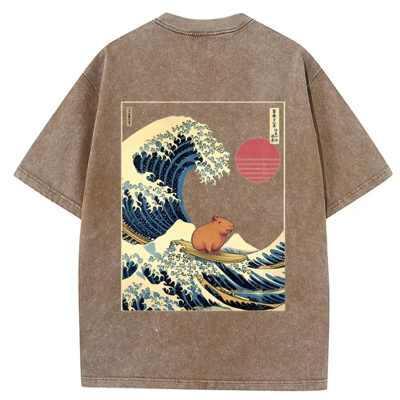 Tokyo-Tiger Capybara Surfing Back Washed T-Shirt Sale