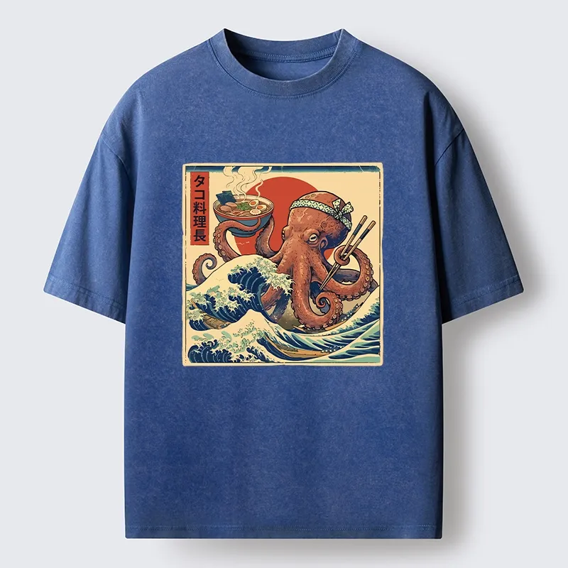 Tokyo-Tiger Ukiyo-E Octopus Ramen Master Washed T-Shirt