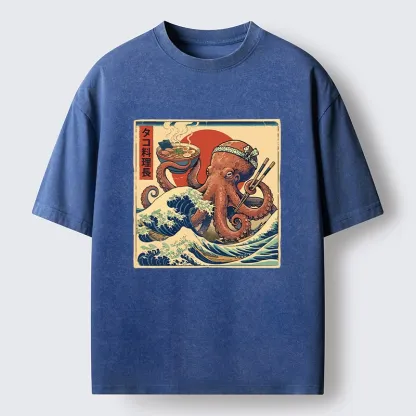 Tokyo-Tiger Ukiyo-E Octopus Ramen Master Washed T-Shirt