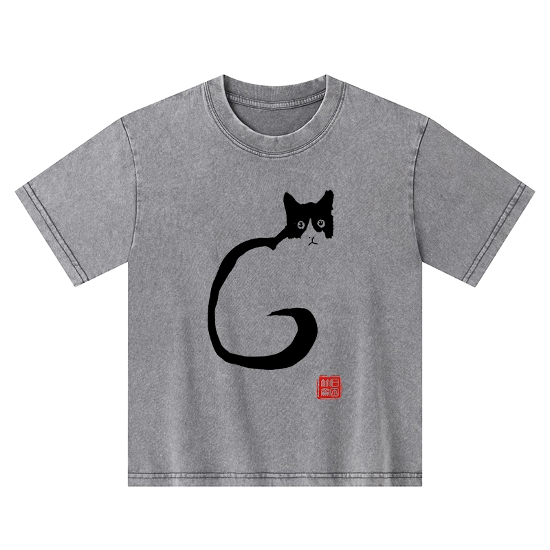 Tokyo-Tiger Calm Cat In Simple Lines Kids Washed T-Shirt