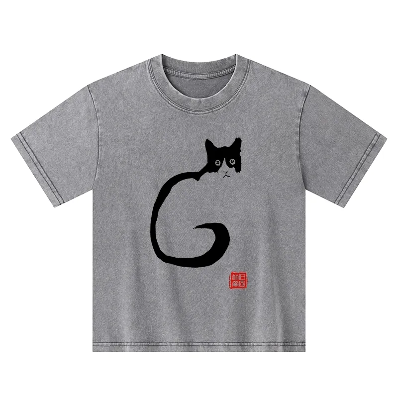 Tokyo-Tiger Calm Cat In Simple Lines Kids Washed T-Shirt