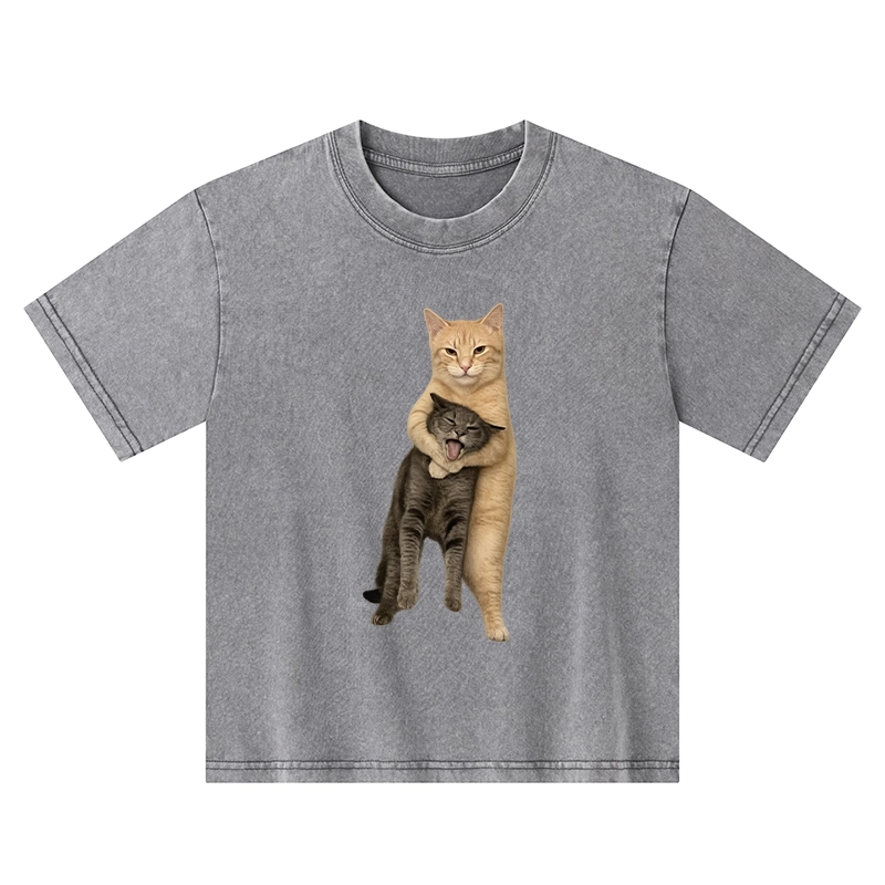 Tokyo-Tiger Orange Cat’s Tight Embrace Kids Washed T-Shirt
