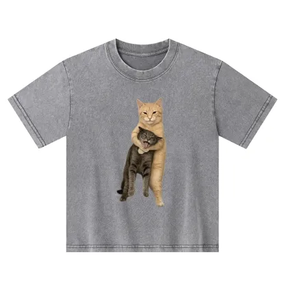 Tokyo-Tiger Orange Cat’s Tight Embrace Kids Washed T-Shirt
