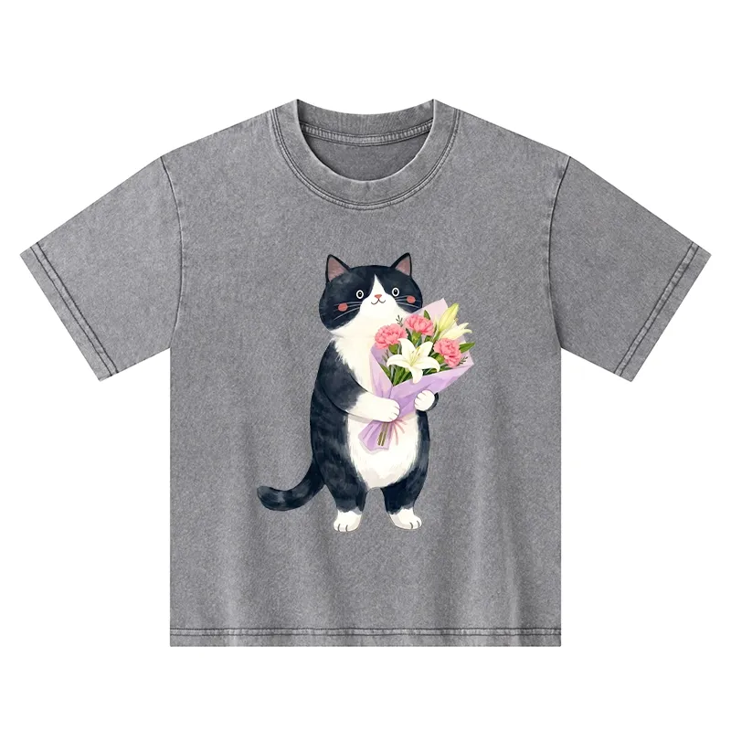 Tokyo-Tiger Sweet Cat Delivers Flowers Kids Washed T-Shirt
