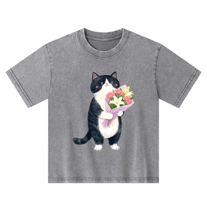 Tokyo-Tiger Sweet Cat Delivers Flowers Kids Washed T-Shirt