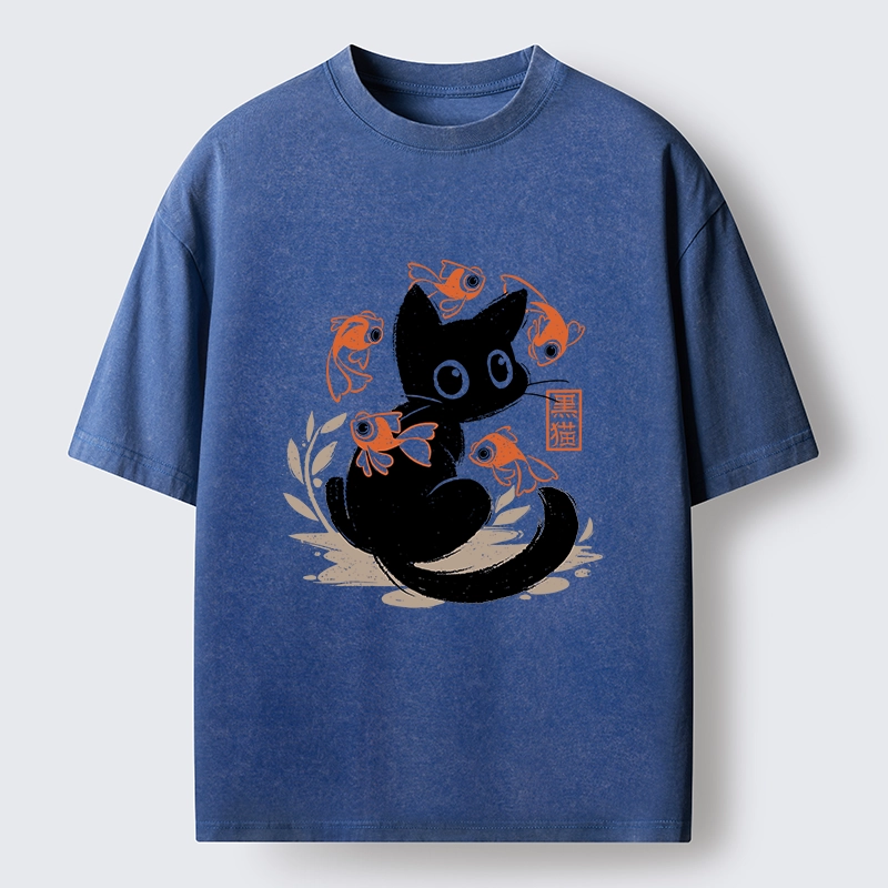 Tokyo-Tiger Curious Black Cat Among Fish Washed T-Shirt