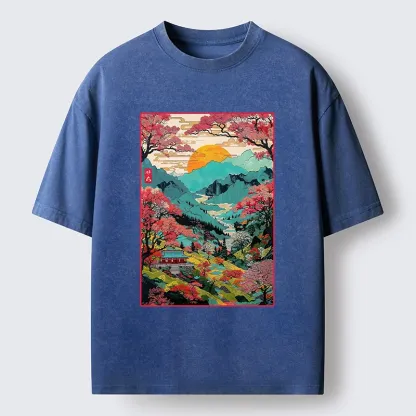 Tokyo-Tiger Golden Sun Over Serene Valley Washed T-Shirt