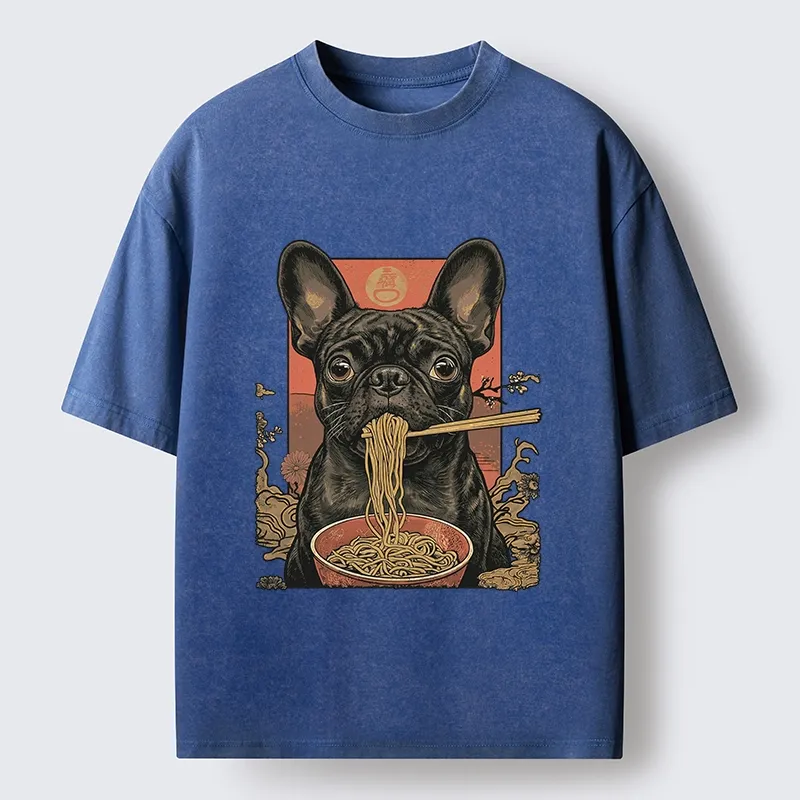 Tokyo-Tiger Vintage Style Dog & Ramen Art Washed T-Shirt