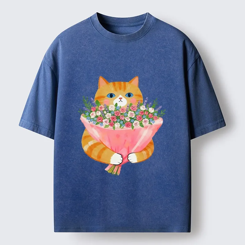 Tokyo-Tiger Cozy Cat Offering A Bouquet Washed T-Shirt