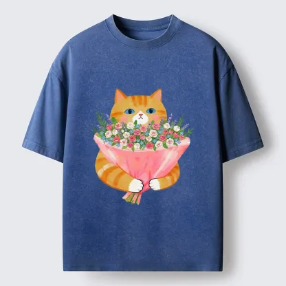 Tokyo-Tiger Cozy Cat Offering A Bouquet Washed T-Shirt