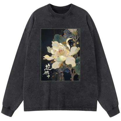 Tokyo-Tiger Lotus Adorned With Golden Specks Washed Long Sleeve T-Shirt
