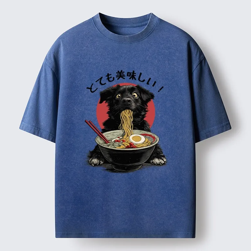 Tokyo-Tiger Dog Eating Ramen Joyfully Washed T-Shirt