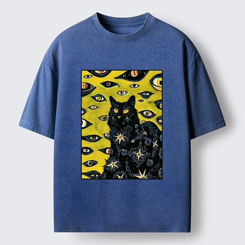 Tokyo-Tiger Cat With Many Eyes And Stars Washed T-Shirt