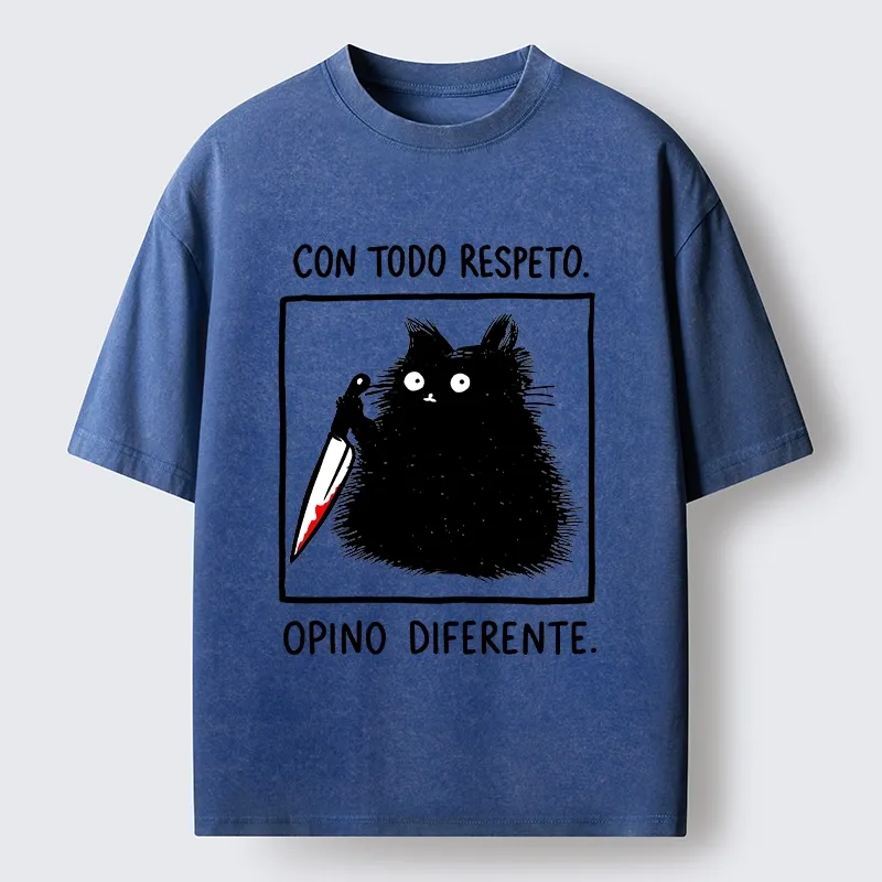 Tokyo-Tiger Black Cat Holds Knife Disagrees Washed T-Shirt