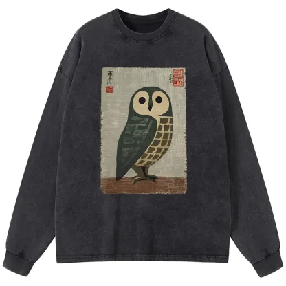 Tokyo-Tiger Traditional Owl In Japanese Art Washed Long Sleeve T-Shirt