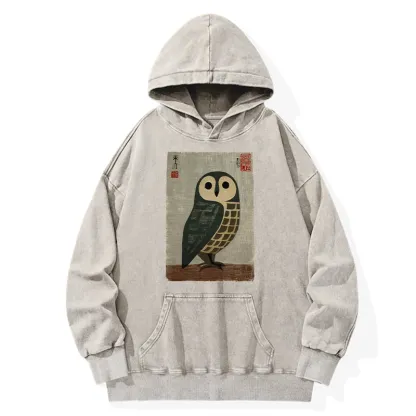 Tokyo-Tiger Traditional Owl In Japanese Art Washed Hoodie
