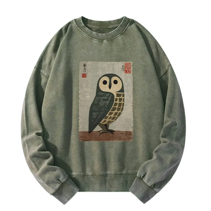 Tokyo-Tiger Traditional Owl In Japanese Art Washed Sweatshirt