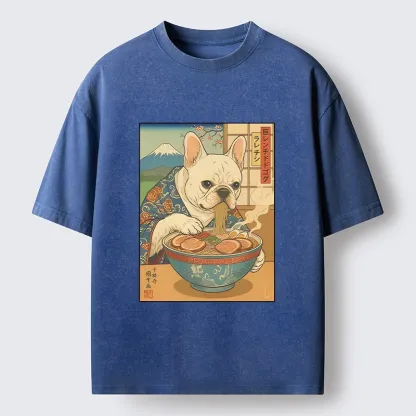 Tokyo-Tiger French Bulldog Ramen Art Washed T-Shirt