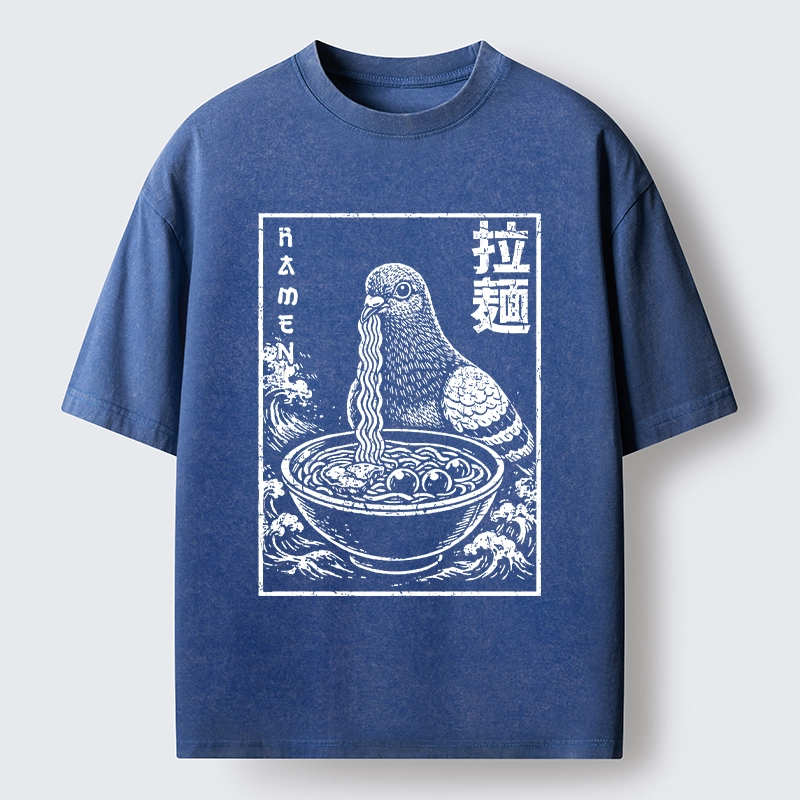 Tokyo-Tiger Pigeon Eating Ramen Art Washed T-Shirt