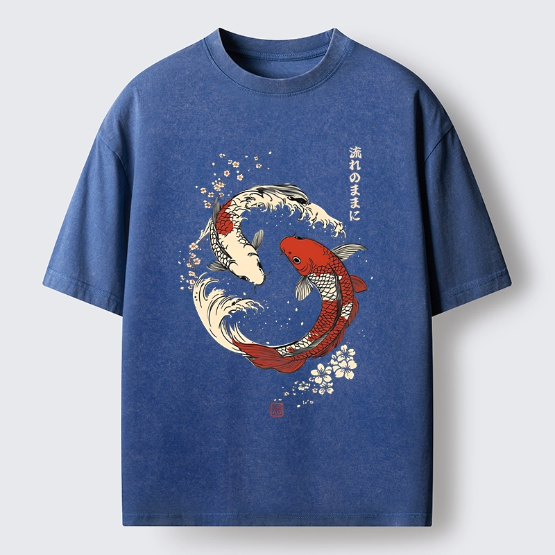 Tokyo-Tiger Elegant Koi Fish And Sakura Washed T-Shirt