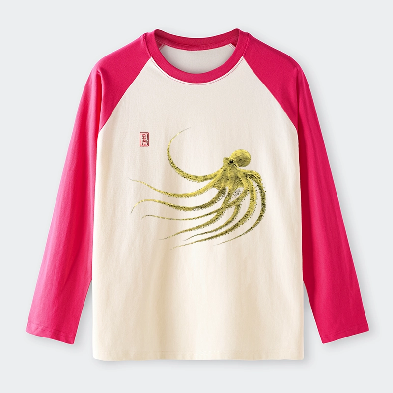 Tokyo-Tiger Retro Octopus Japanese Raglan Long Sleeve T-shirt