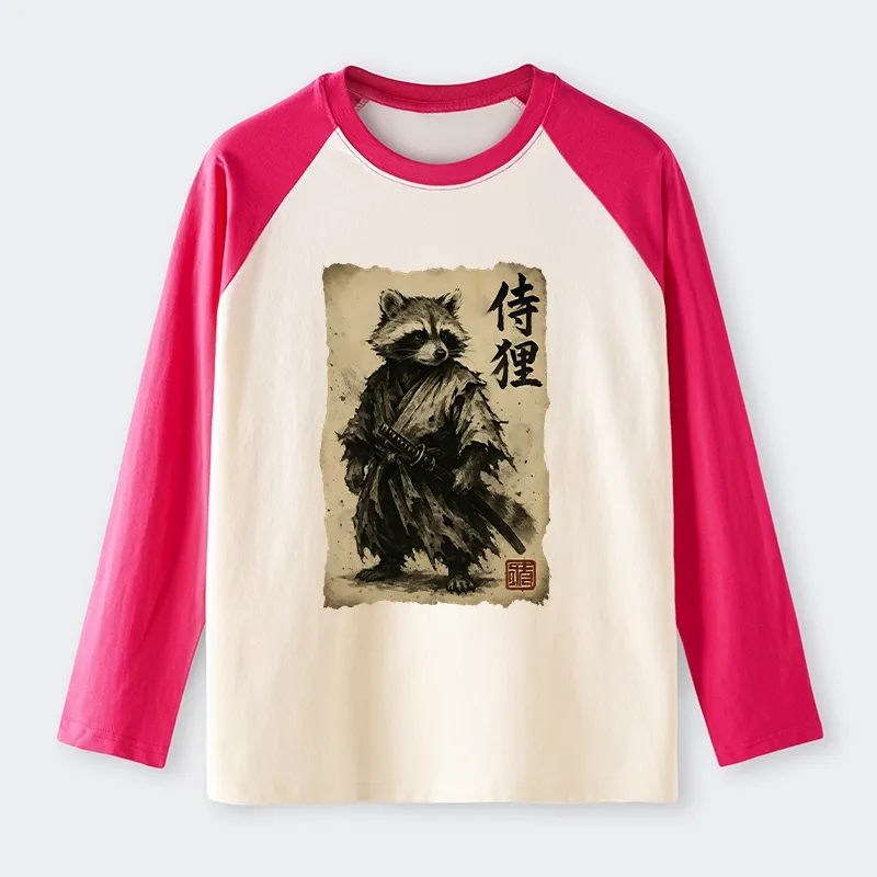 Tokyo-Tiger Retro Raccoon Samurai Raglan Long Sleeve T-shirt