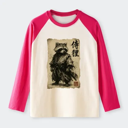 Tokyo-Tiger Retro Raccoon Samurai Raglan Long Sleeve T-shirt