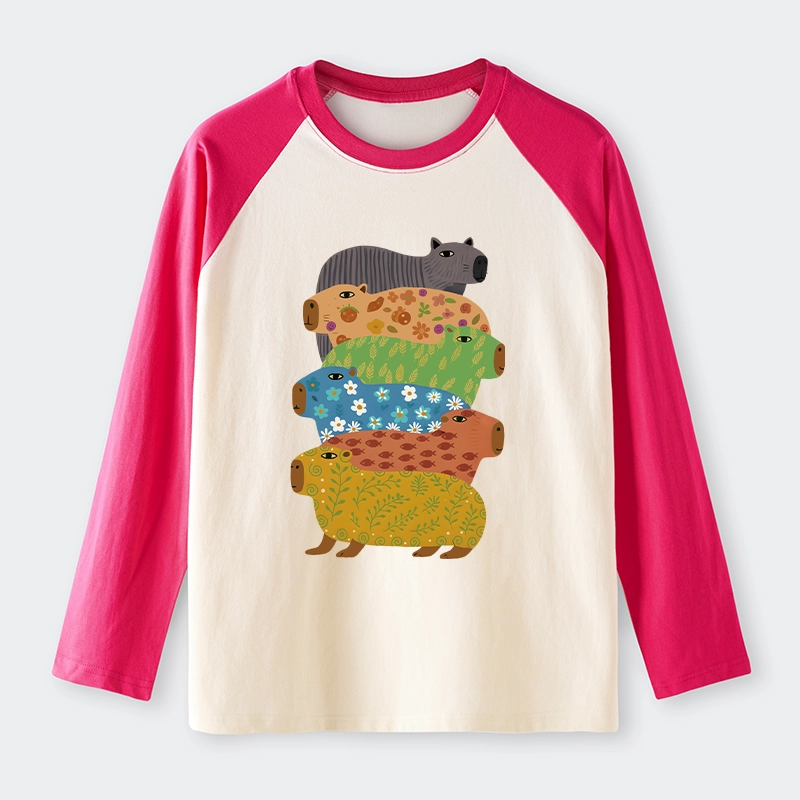 Tokyo-Tiger Colorful Capybaras Raglan Long Sleeve T-shirt