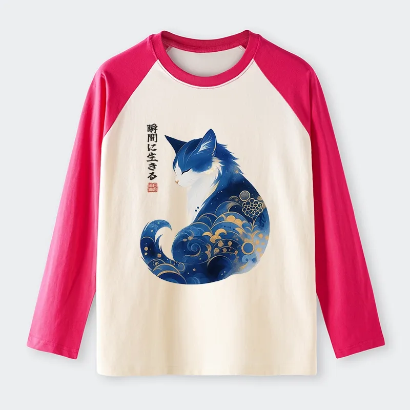 Tokyo-Tiger Retro Zen Cat: Living the Present Raglan Long Sleeve T-shirt