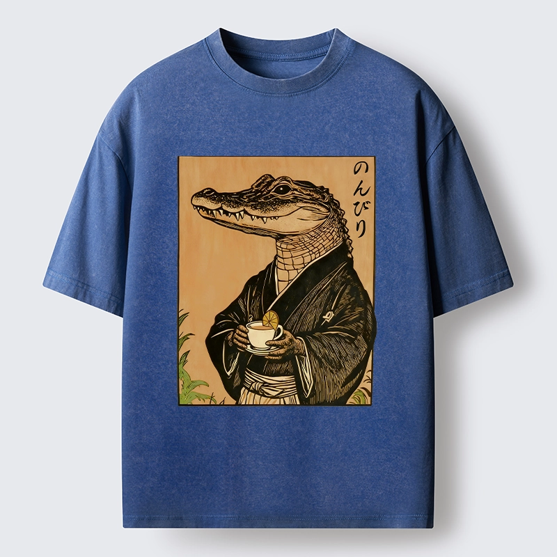 Tokyo-Tiger Alligator In Kimono Drinking Tea Washed T-Shirt