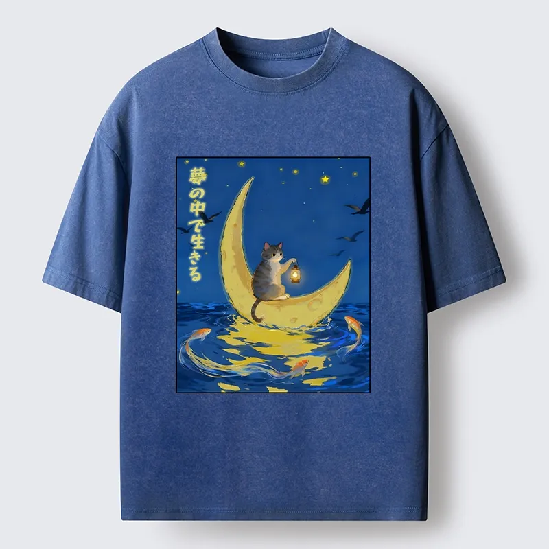 Tokyo-Tiger Cat On Moon Boat Over Sea Washed T-Shirt Sale