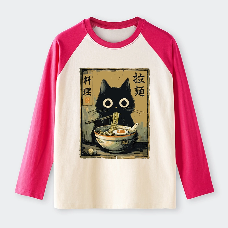 Tokyo-Tiger Cute Black Cat Eating Ramen Japan Raglan Long Sleeve T-shirt