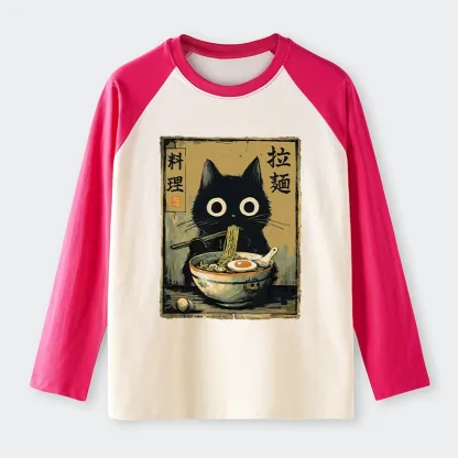 Tokyo-Tiger Cute Black Cat Eating Ramen Japan Raglan Long Sleeve T-shirt