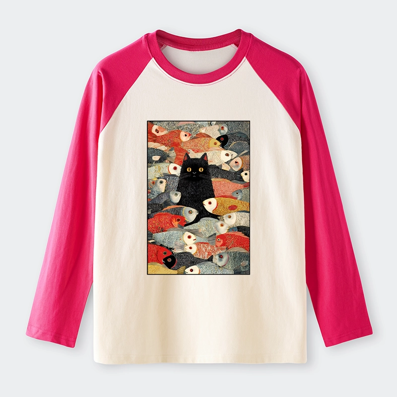 Tokyo-Tiger Cats And Fish Raglan Long Sleeve T-shirt