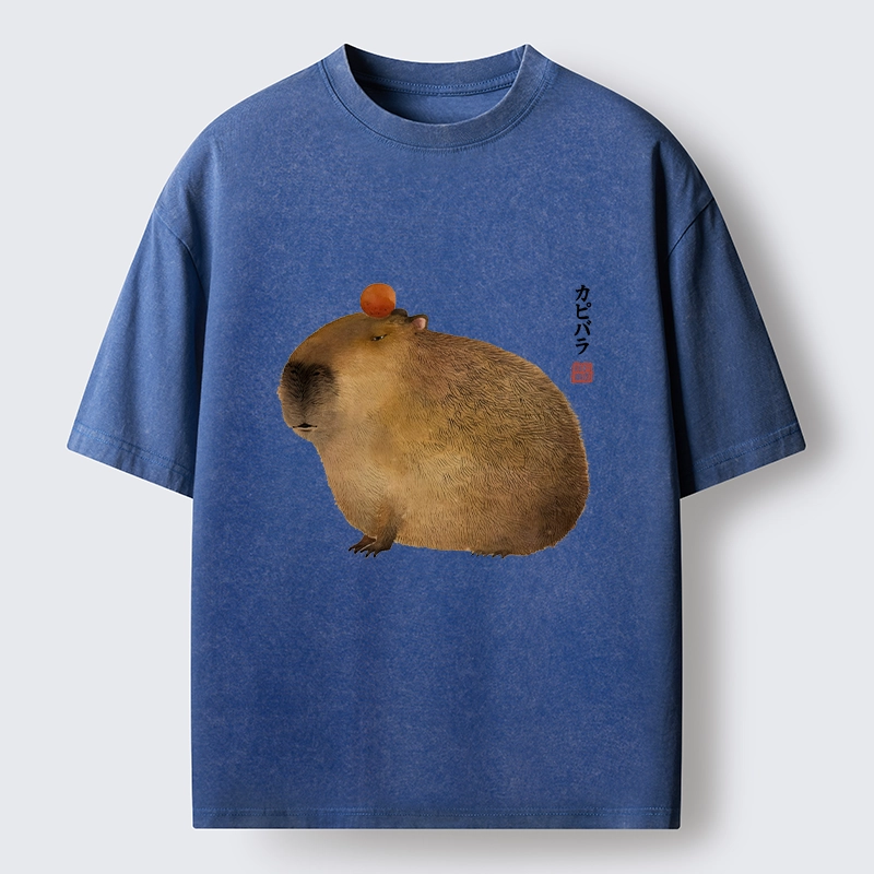 Tokyo-Tiger Calm Capybara Illustration Washed T-Shirt