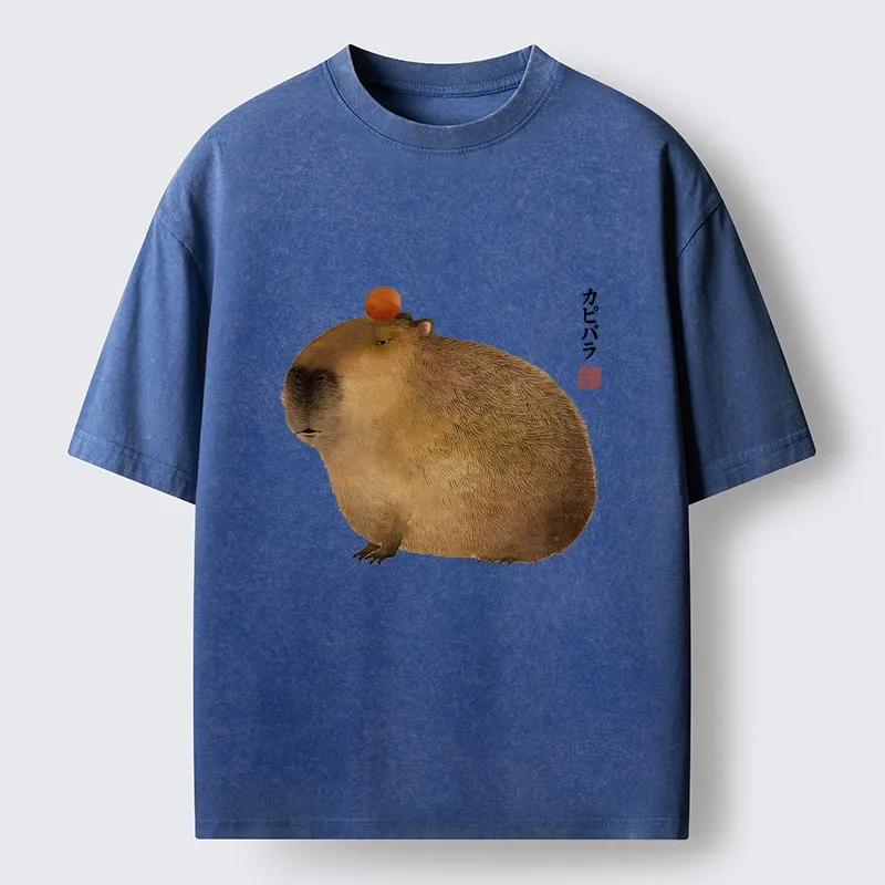 Tokyo-Tiger Calm Capybara Illustration Washed T-Shirt