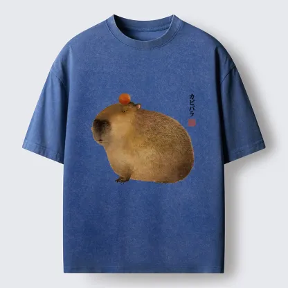 Tokyo-Tiger Calm Capybara Illustration Washed T-Shirt