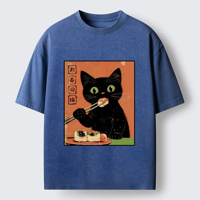 Tokyo-Tiger Japanese Style Sushi Cat Art Washed T-Shirt