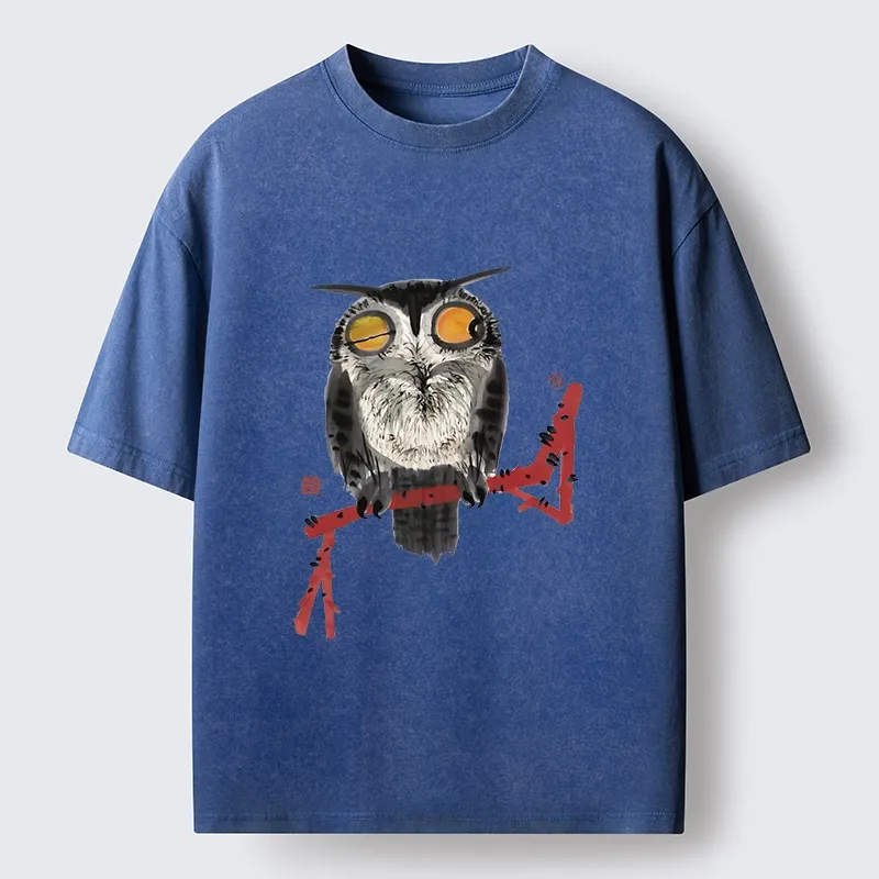 Tokyo-Tiger Ink Wash Owl On Red Branch Washed T-Shirt