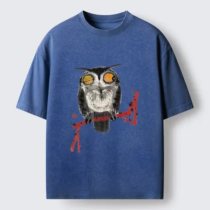 Tokyo-Tiger Ink Wash Owl On Red Branch Washed T-Shirt