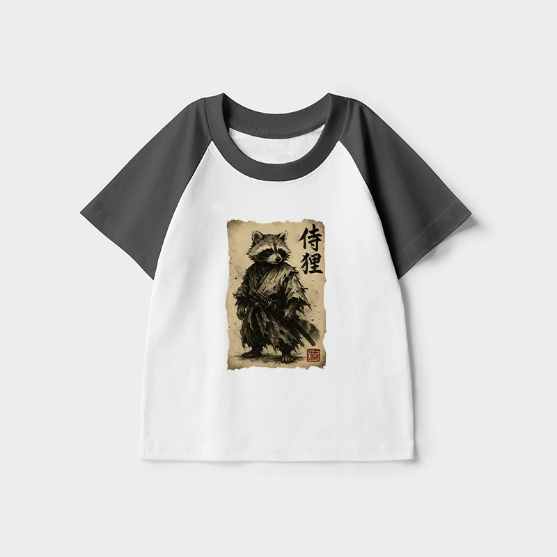 Tokyo-Tiger Retro Raccoon Samurai Kids Raglan T-shirt