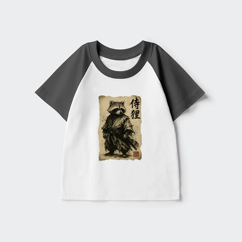 Tokyo-Tiger Retro Raccoon Samurai Kids Raglan T-shirt
