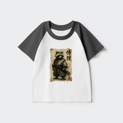 Tokyo-Tiger Retro Raccoon Samurai Kids Raglan T-shirt