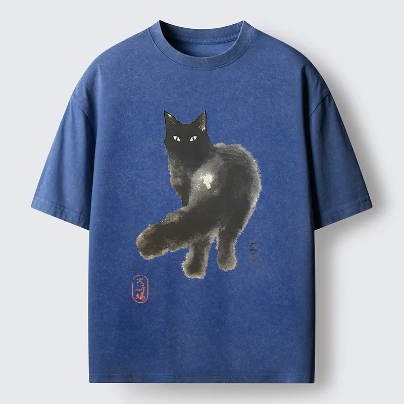 Tokyo-Tiger Black Cat Emptiness Ink Wash Washed T-Shirt