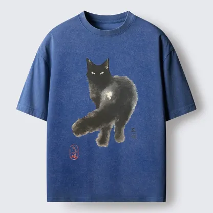 Tokyo-Tiger Black Cat Emptiness Ink Wash Washed T-Shirt