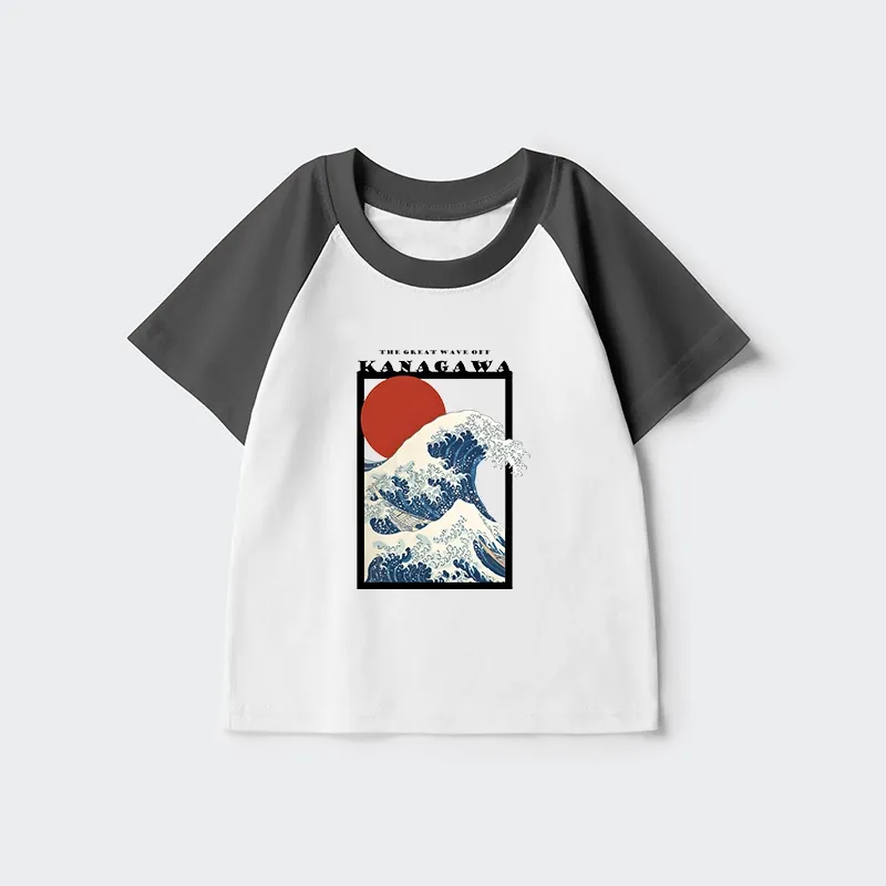 Tokyo-Tiger Minimalist Ukiyo-e Waves Kids Raglan T-shirt