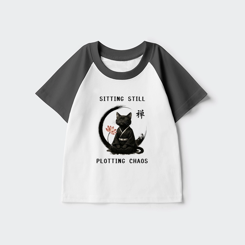 Tokyo-Tiger Sitting still  plotting chaos Calming Zen Cat Funny Kids Raglan T-shirt