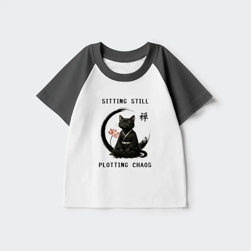 Tokyo-Tiger Sitting still  plotting chaos Calming Zen Cat Funny Kids Raglan T-shirt