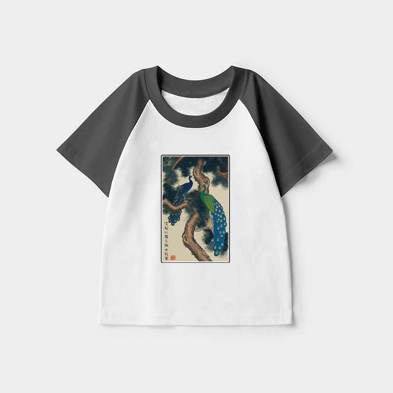Tokyo-Tiger Peacocks in Snowy Pines Kids Raglan T-shirt